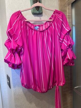 CeCe Hot Pink Striped Off-Shoulder Blouse